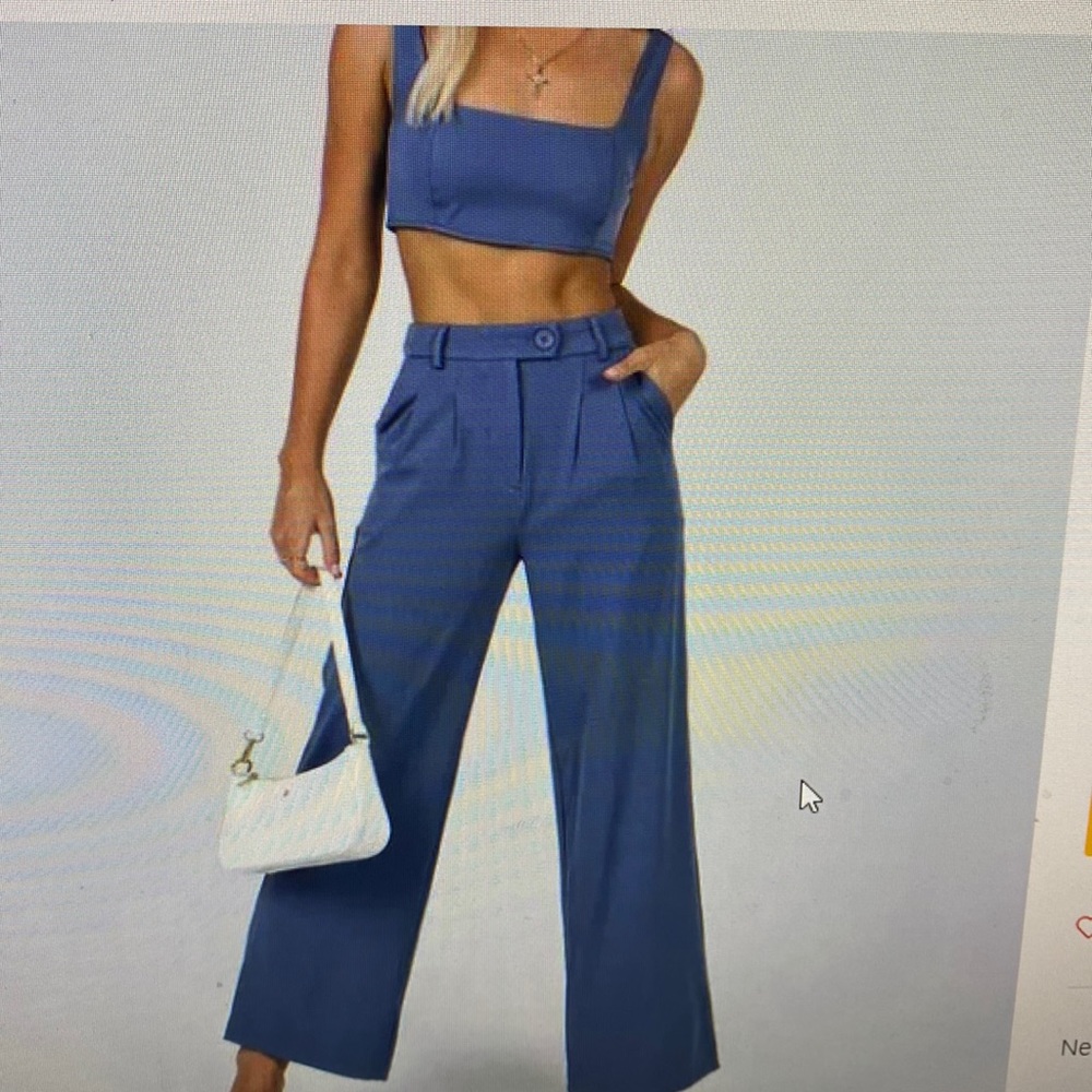 Princess Polly 2 Piece Set Wide Leg Pleated Pants Pockets Crop Top Blue SZ 2